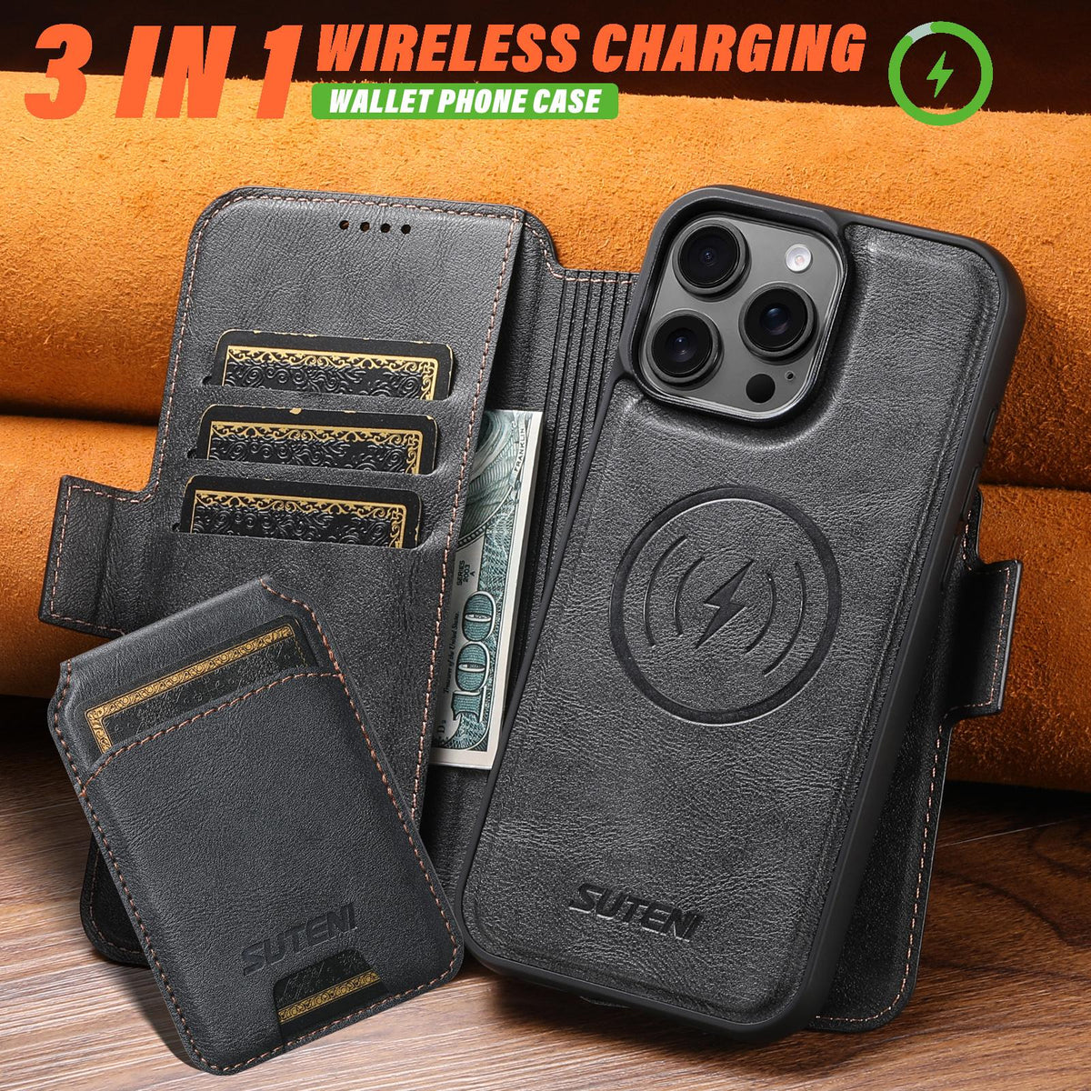 Compatible with iPhone 18 Pro Max Suteni Q06S2 3-in-1 Detachable Vertical Flip Wallet MagSafe Splicing Leather Phone Case - Black