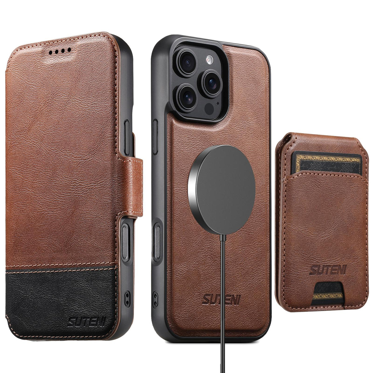 Compatible with iPhone 18 Pro Max Suteni Q06S2 3-in-1 Detachable Vertical Flip Wallet MagSafe Splicing Leather Phone Case - Brown