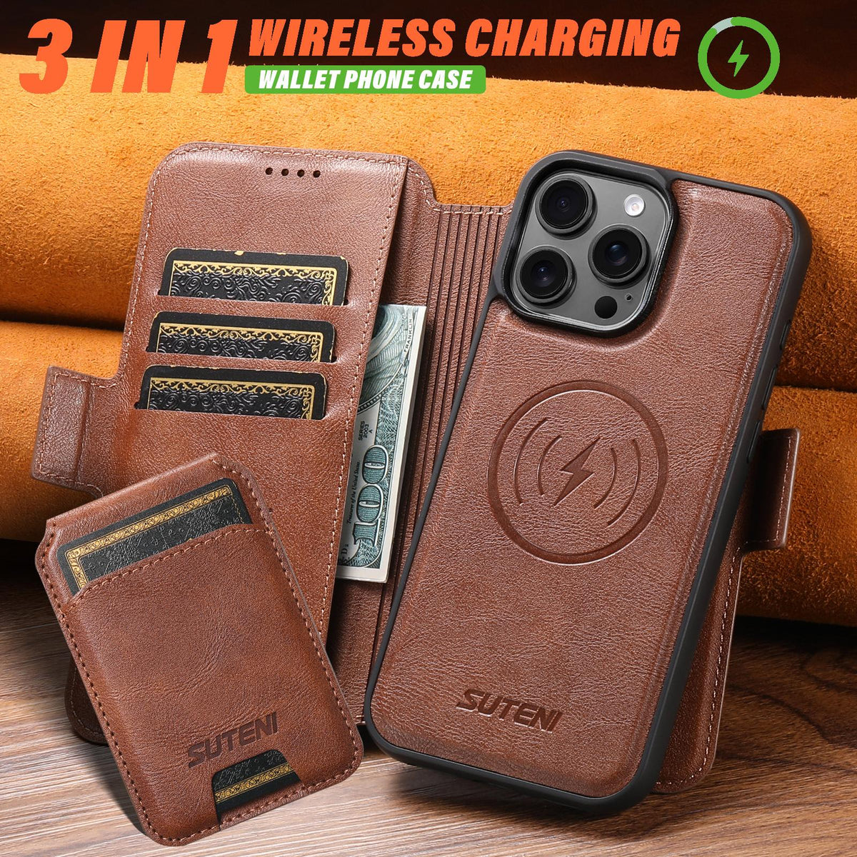 Compatible with iPhone 18 Pro Max Suteni Q06S2 3-in-1 Detachable Vertical Flip Wallet MagSafe Splicing Leather Phone Case - Brown