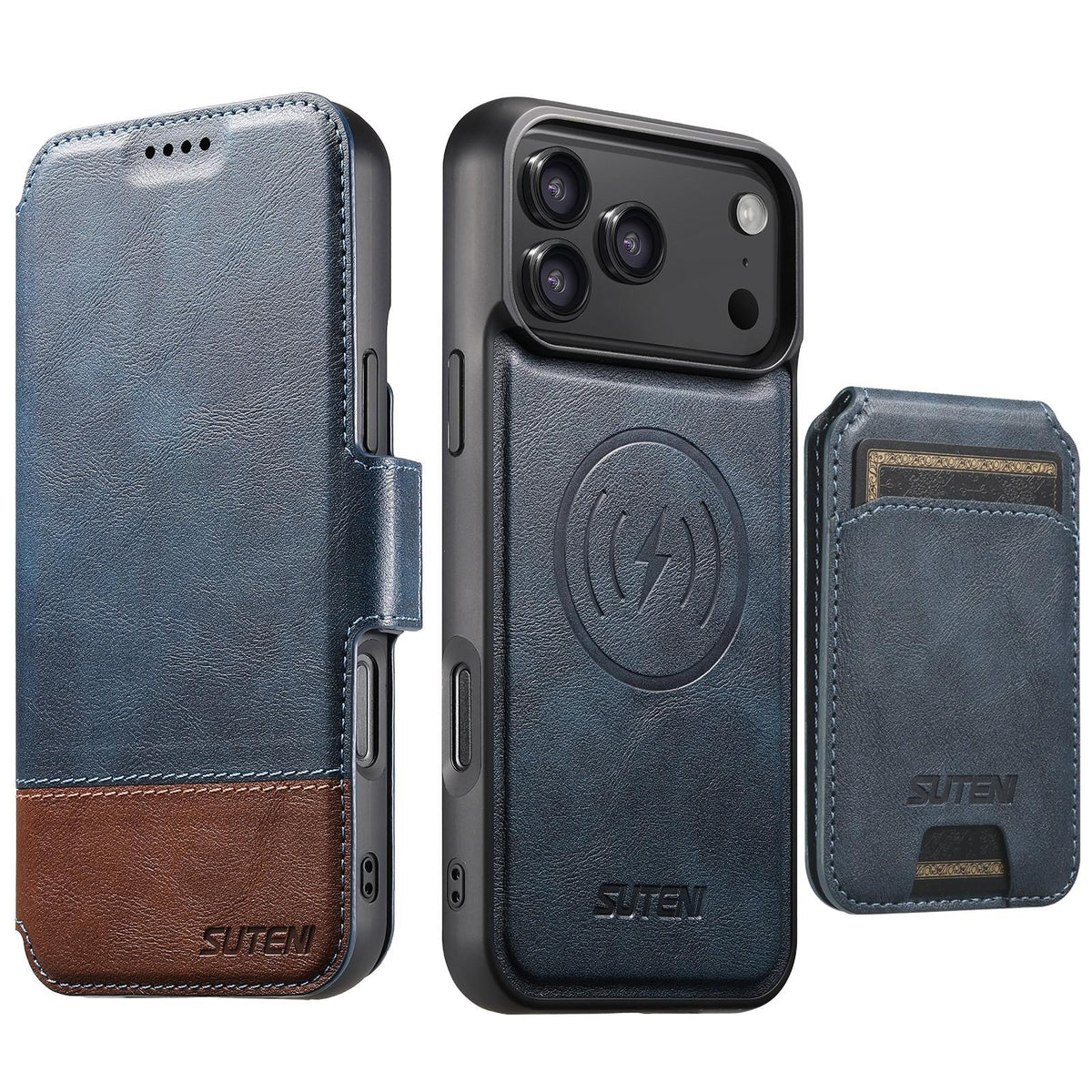 Compatible with iPhone 18 Pro Max Suteni Q06S2 3-in-1 Detachable Vertical Flip Wallet MagSafe Splicing Leather Phone Case - Blue
