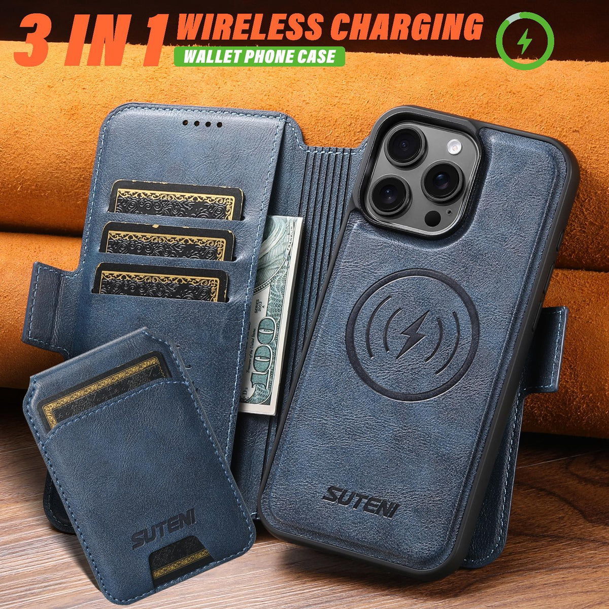 Compatible with iPhone 18 Pro Max Suteni Q06S2 3-in-1 Detachable Vertical Flip Wallet MagSafe Splicing Leather Phone Case - Blue