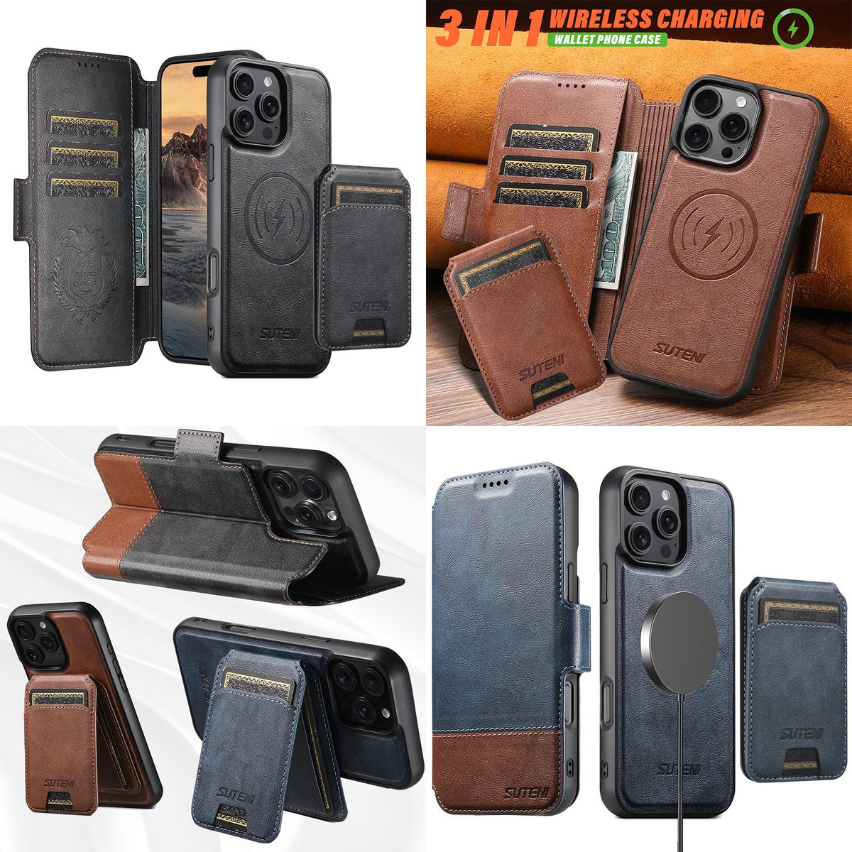 Compatible with iPhone 18 Pro Max Suteni Q06S2 3-in-1 Detachable Vertical Flip Wallet MagSafe Splicing Leather Phone Case - Black