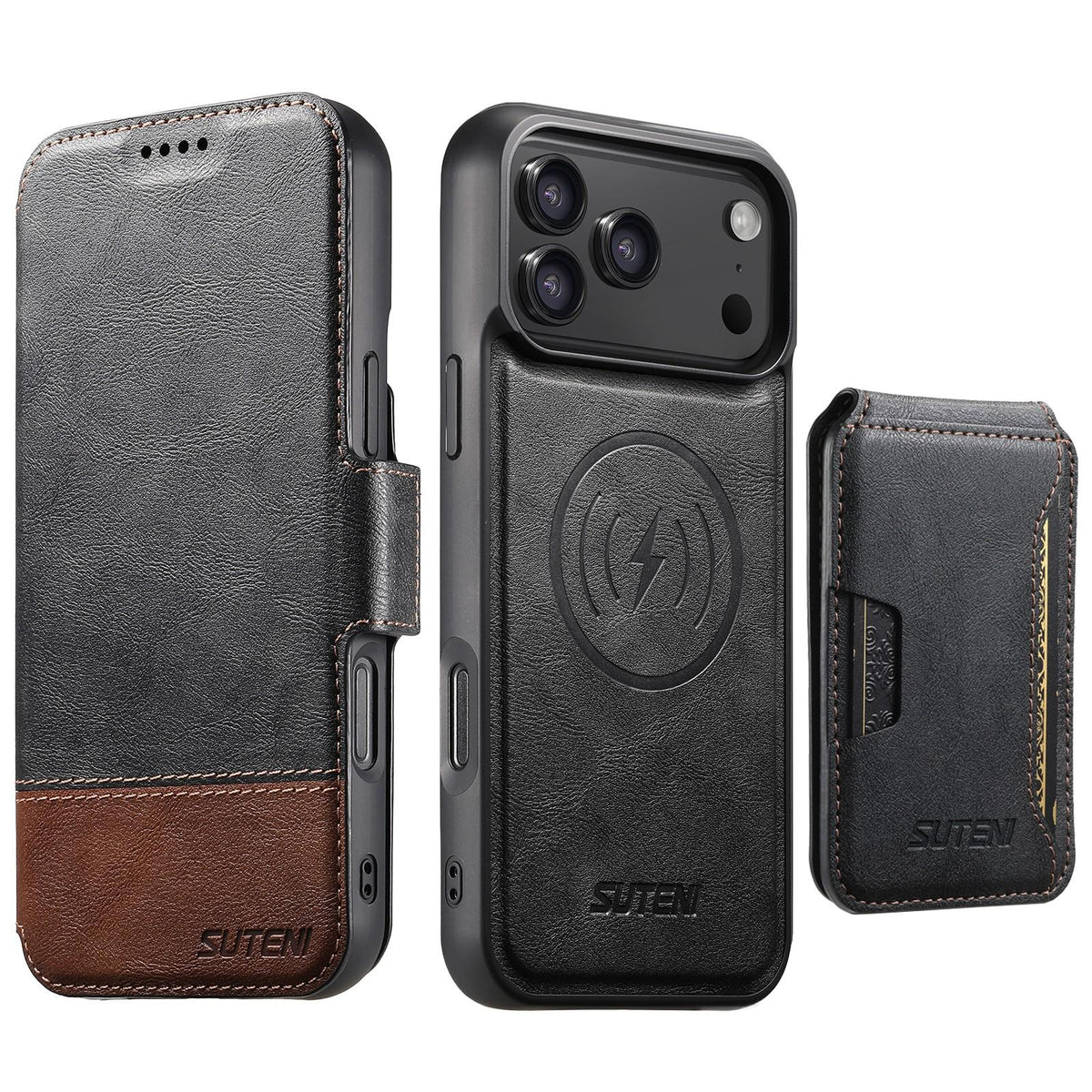 Compatible with iPhone 18 Pro Max Suteni Q06S3 3-in-1 Splicing Detachable Vertical Flip Wallet MagSafe Leather Phone Case - Black