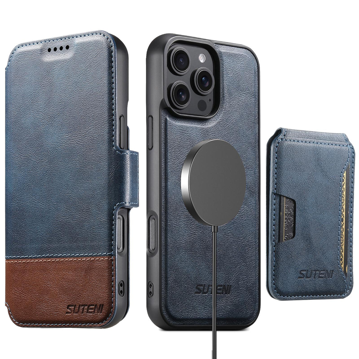 Compatible with iPhone 18 Pro Suteni Q06S3 3-in-1 Splicing Detachable Vertical Flip Wallet MagSafe Leather Phone Case - Blue