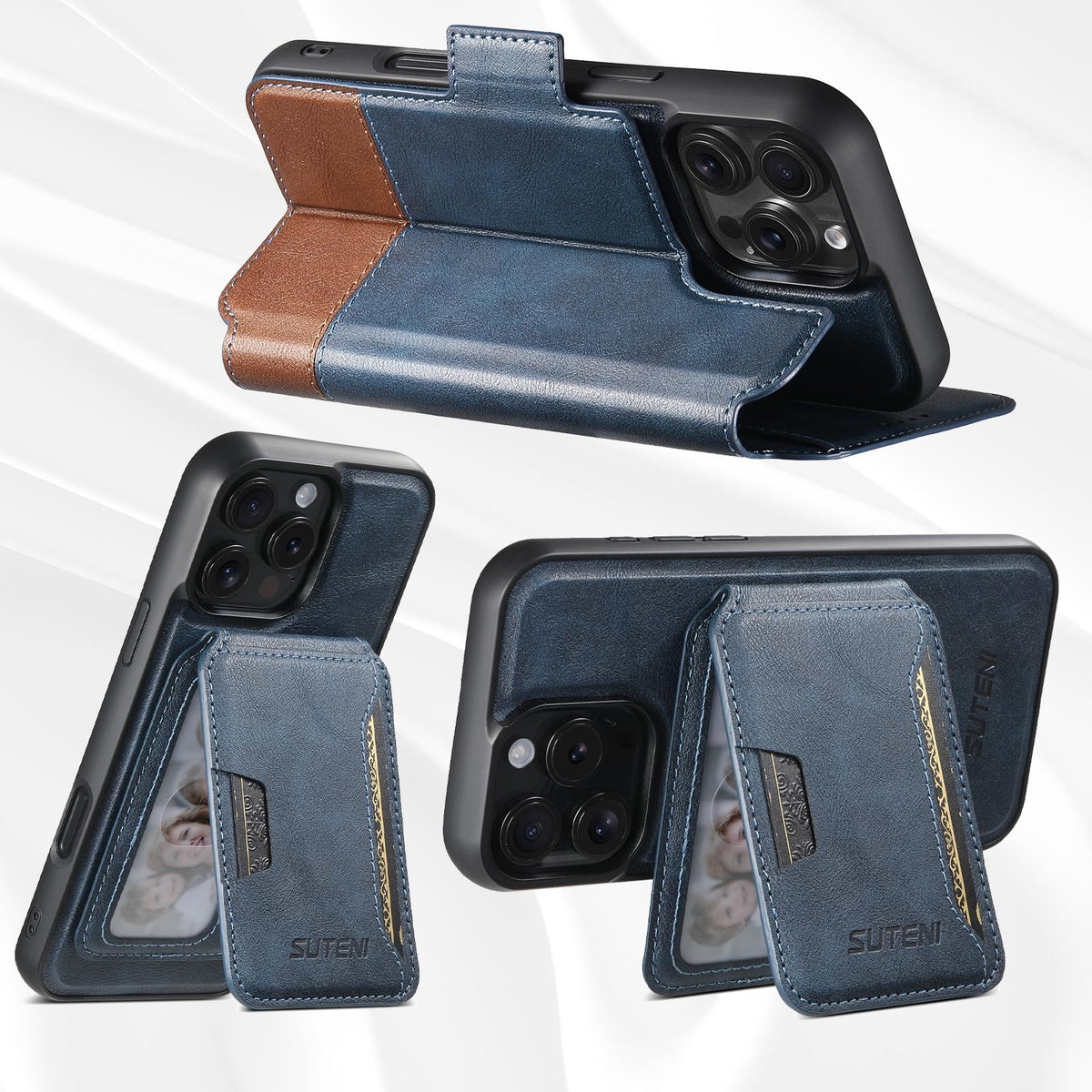 Compatible with iPhone 18 Pro Suteni Q06S3 3-in-1 Splicing Detachable Vertical Flip Wallet MagSafe Leather Phone Case - Blue