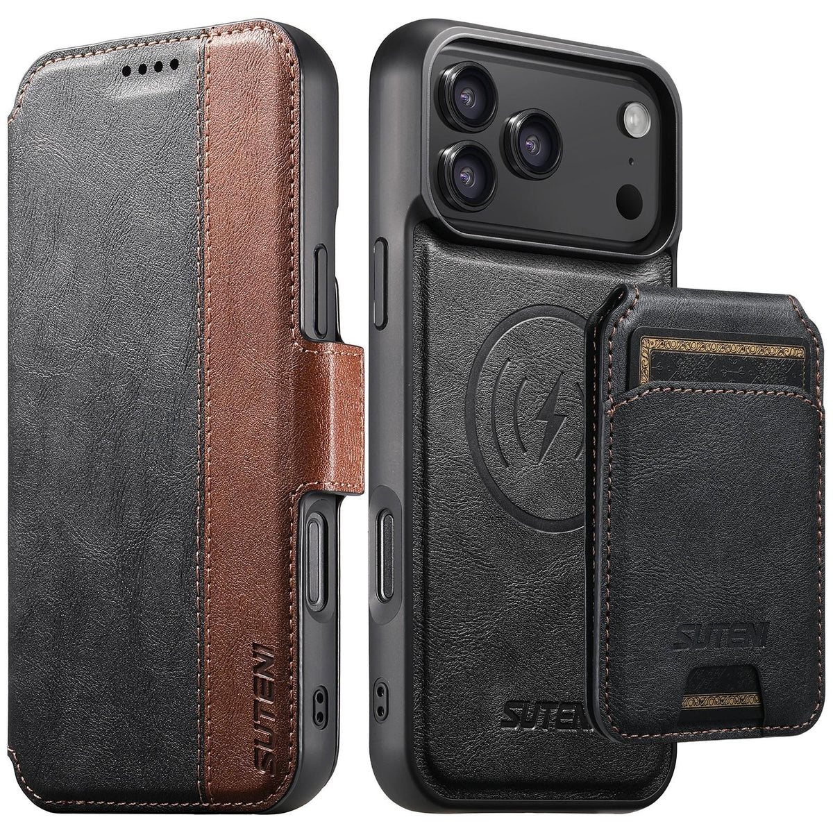 Compatible with iPhone 18 Pro Max Suteni Q07S2 3-in-1 Detachable Vertical Flip Wallet MagSafe Splicing Leather Phone Case - Black