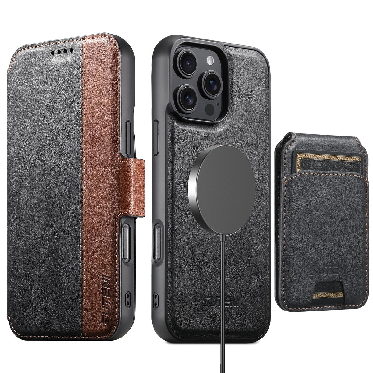 Compatible with iPhone 18 Pro Max Suteni Q07S2 3-in-1 Detachable Vertical Flip Wallet MagSafe Splicing Leather Phone Case - Black