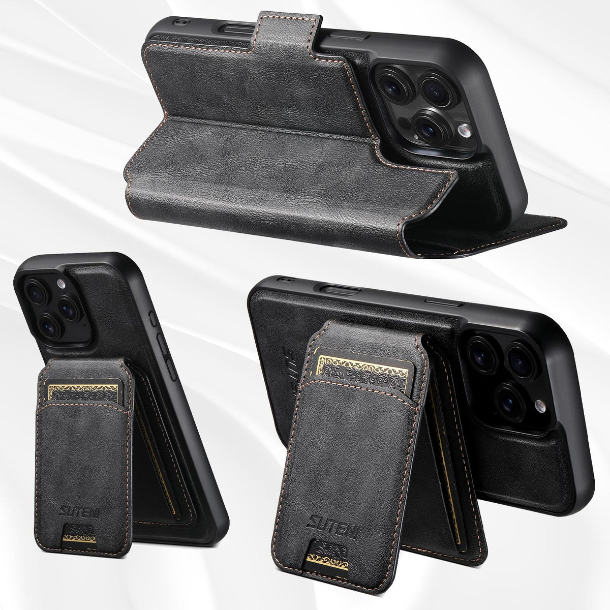 Compatible with iPhone 18 Pro Max Suteni Q07S2 3-in-1 Detachable Vertical Flip Wallet MagSafe Splicing Leather Phone Case - Black