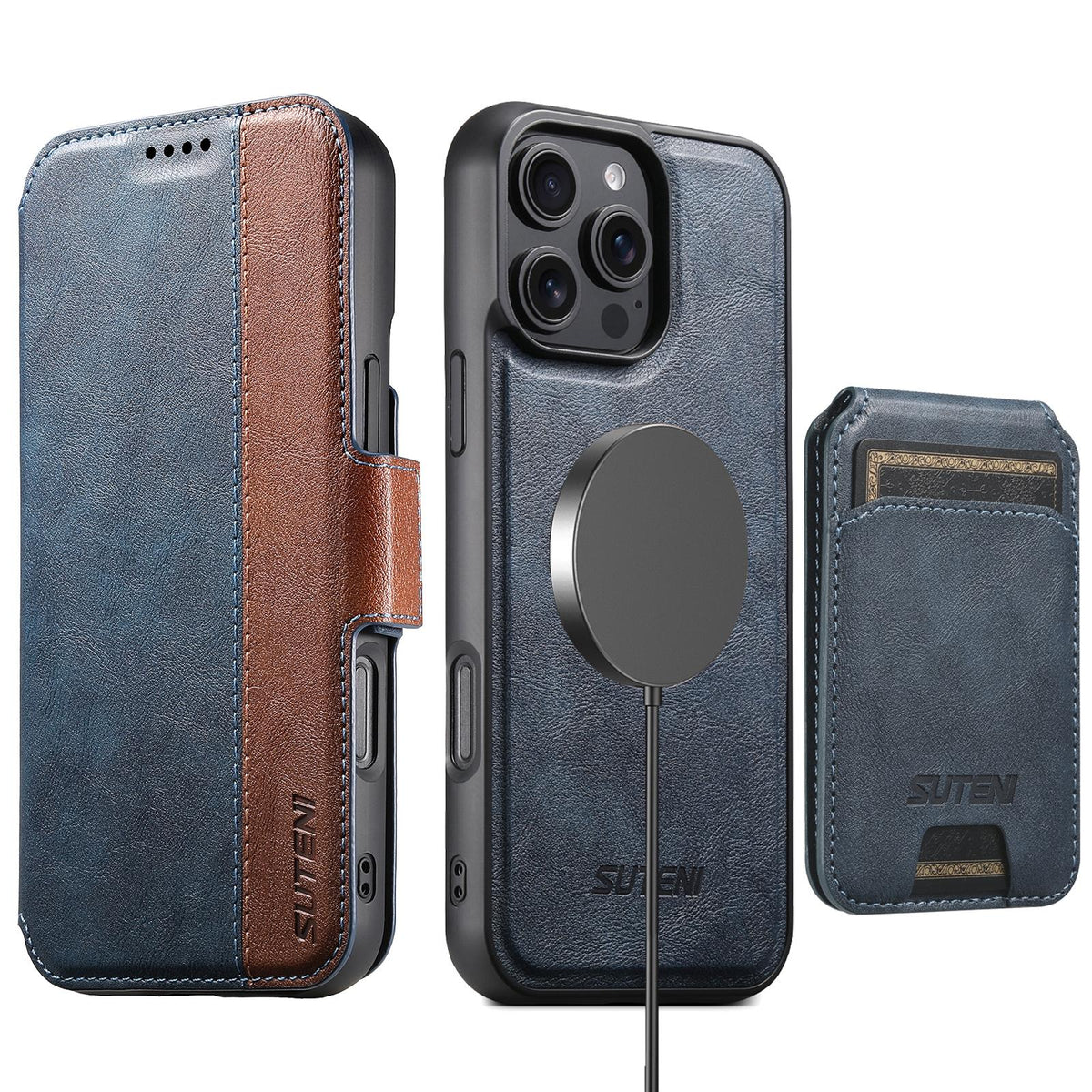 Compatible with iPhone 18 Pro Suteni Q07S2 3-in-1 Detachable Vertical Flip Wallet MagSafe Splicing Leather Phone Case - Blue