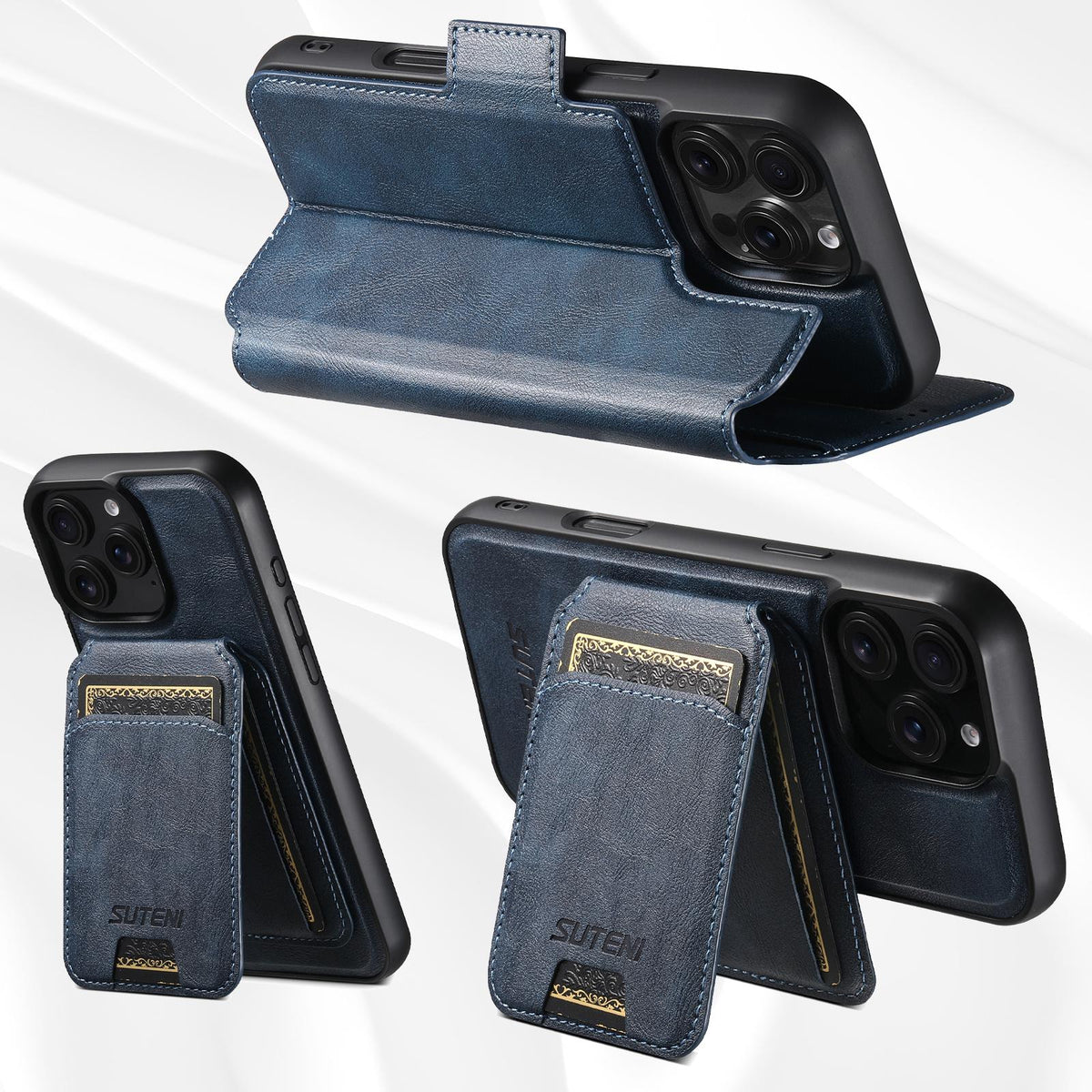 Compatible with iPhone 18 Pro Suteni Q07S2 3-in-1 Detachable Vertical Flip Wallet MagSafe Splicing Leather Phone Case - Blue