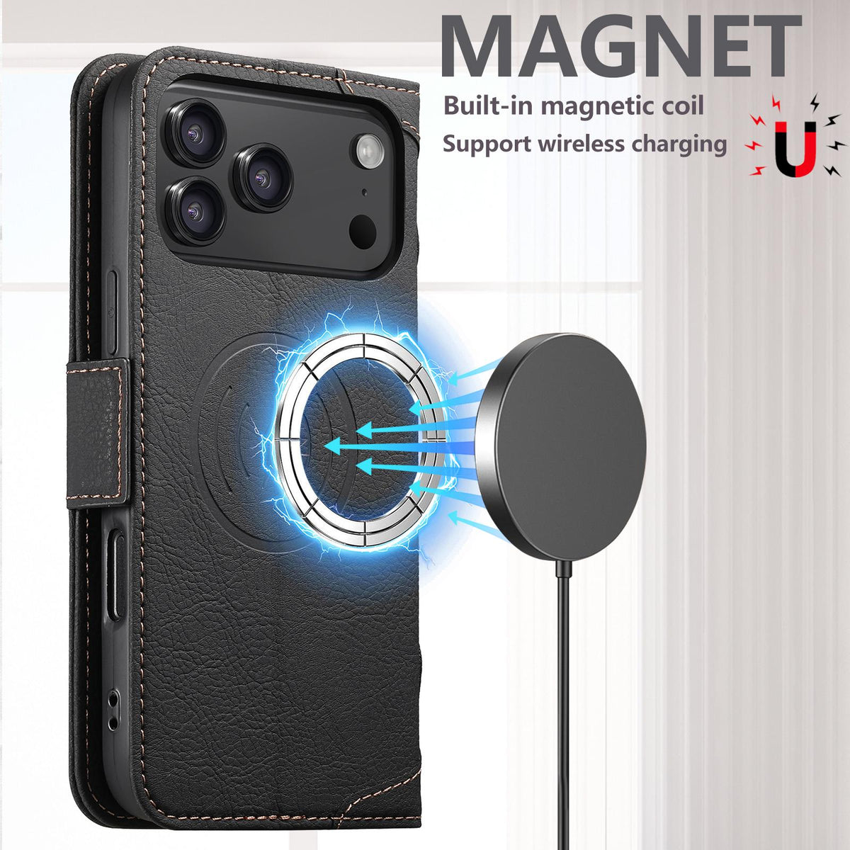 Compatible with iPhone 18 Pro Max SUTENI J07 Multifunctional Horizontal Flip Magsafe Leather Phone Case - Black