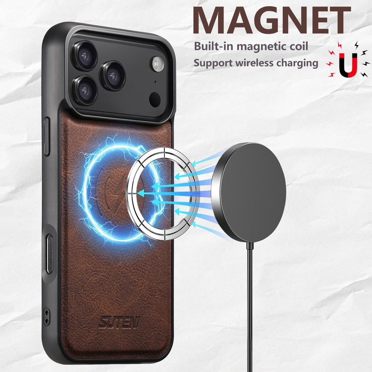 Compatible with iPhone 18 Pro Max Suteni G5 Litchi Leather Magnetic MagSafe Phone Case - Brown