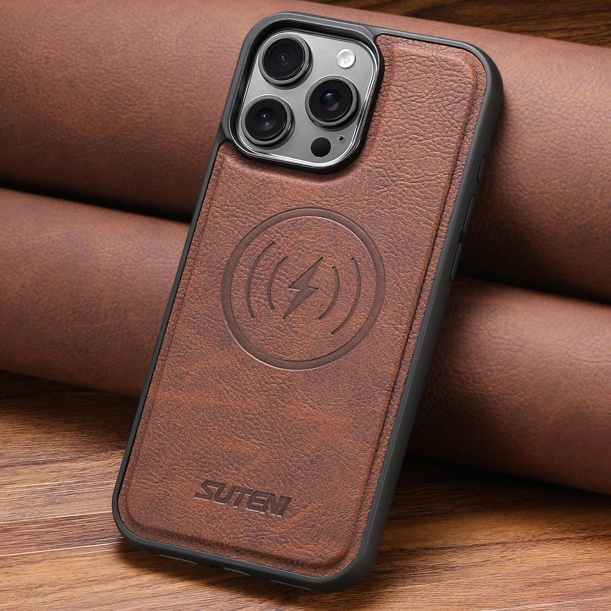 Compatible with iPhone 18 Pro Suteni G5 Litchi Leather Magnetic MagSafe Phone Case - Brown