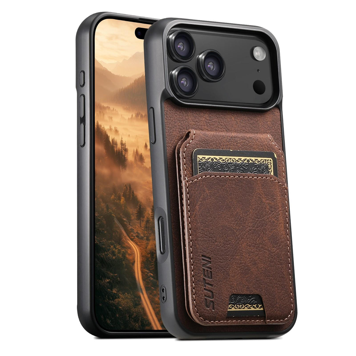 Compatible with iPhone 18 Pro Max Suteni H02 Litchi Leather Card Wallet Stand Back Phone Case - Brown
