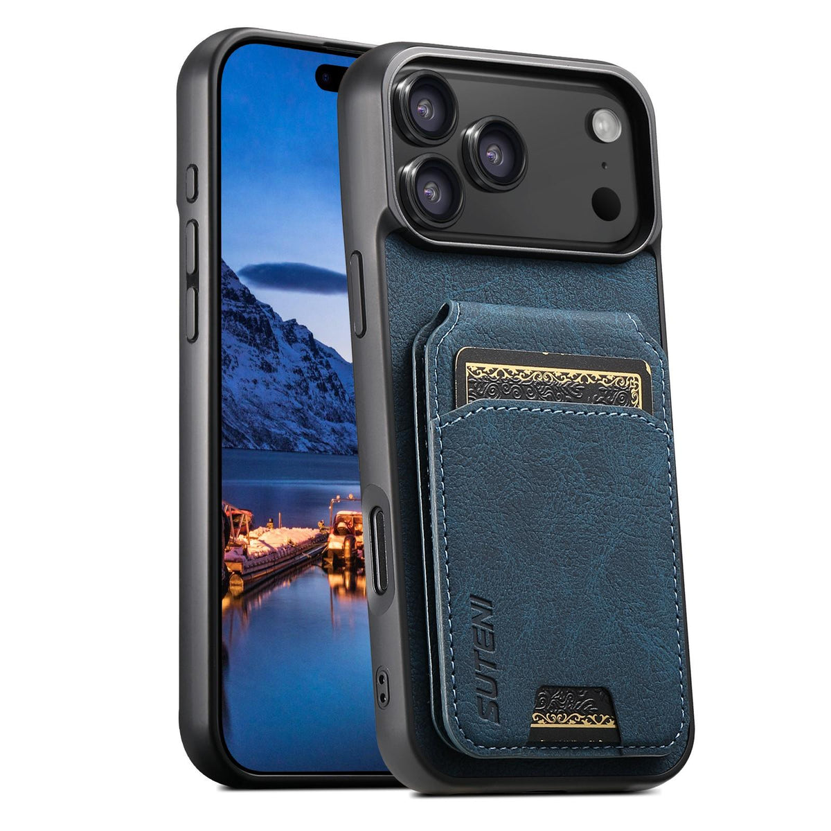 Compatible with iPhone 18 Pro Max Suteni H02 Litchi Leather Card Wallet Stand Back Phone Case - Blue