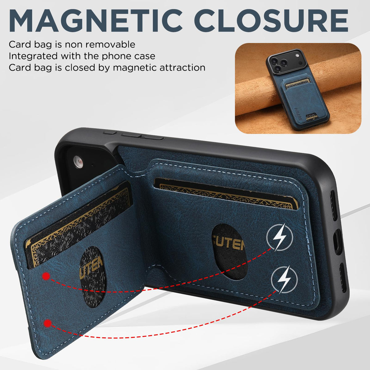Compatible with iPhone 18 Pro Max Suteni H02 Litchi Leather Card Wallet Stand Back Phone Case - Blue