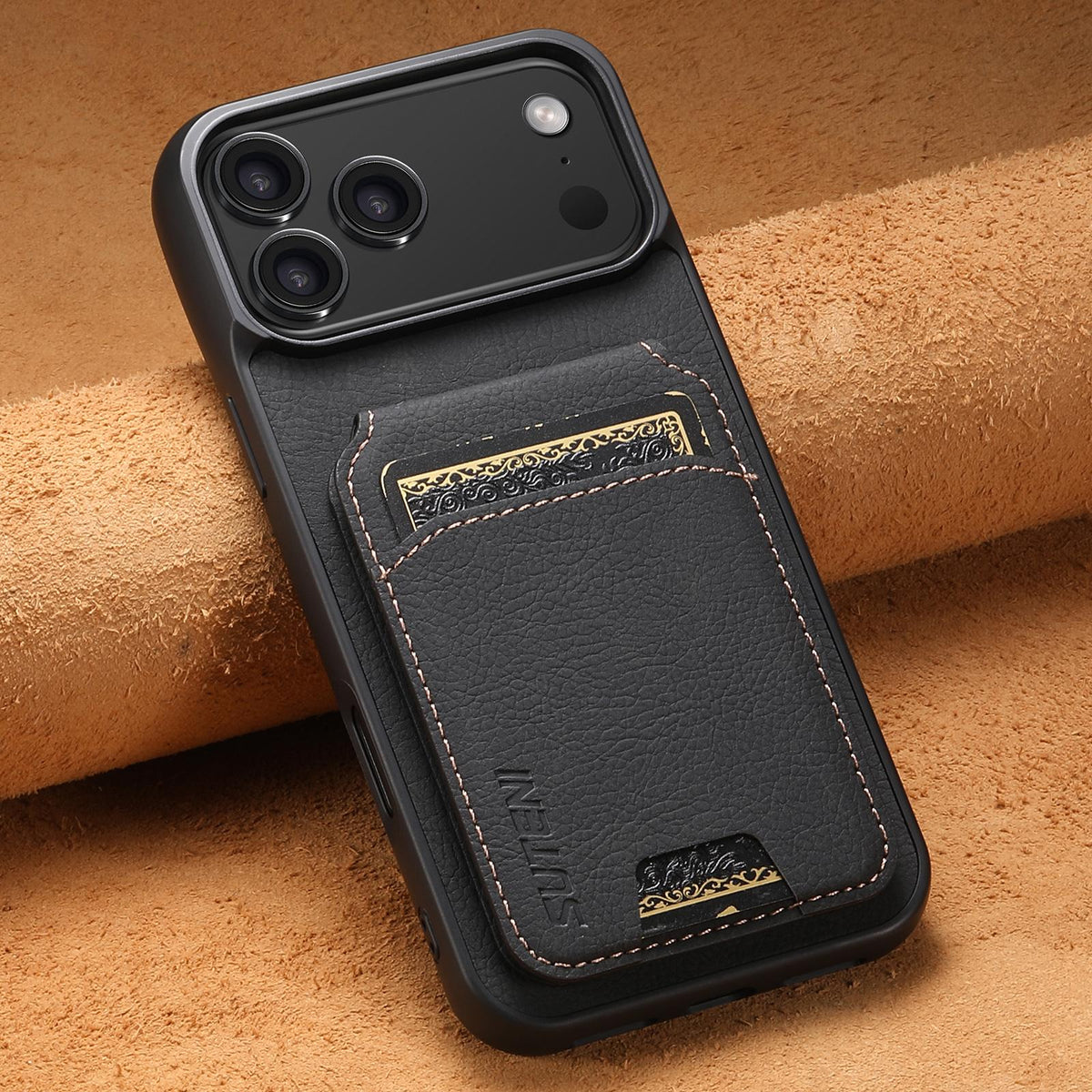 Compatible with iPhone 18 Pro Suteni H02 Litchi Leather Card Wallet Stand Back Phone Case - Black