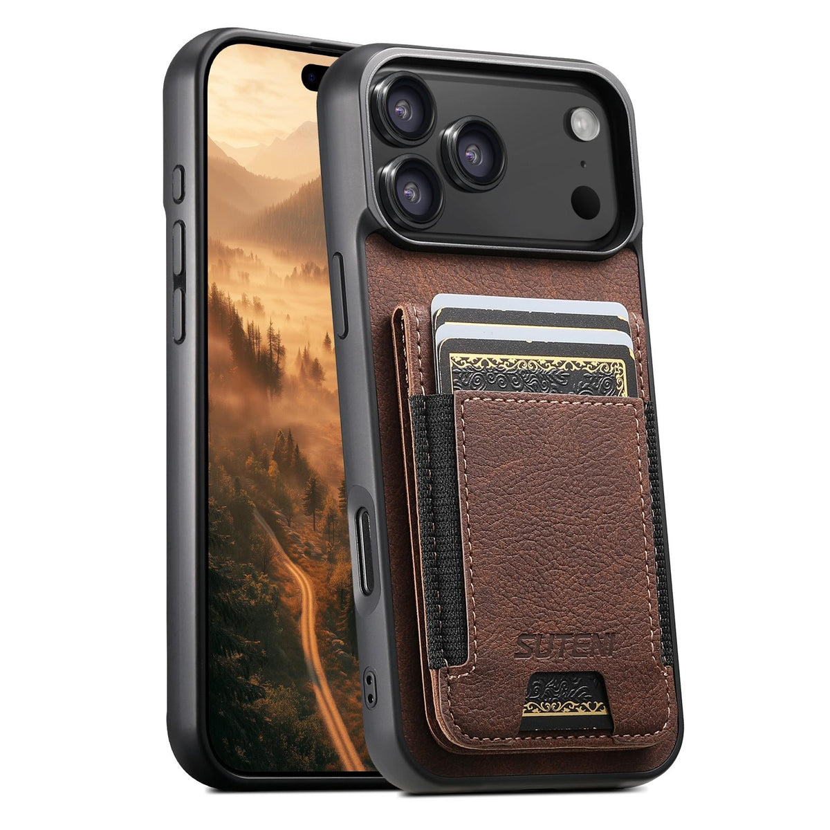 Compatible with iPhone 18 Pro Max Suteni H03 Litchi Leather Card Bag Stand Back Phone Case - Brown