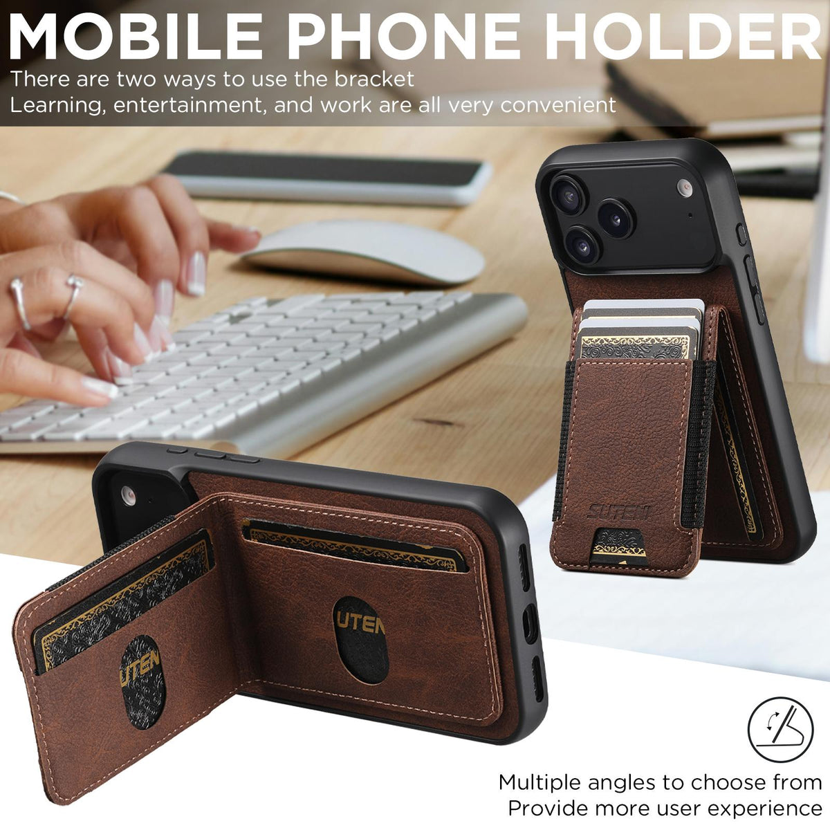 Compatible with iPhone 18 Pro Max Suteni H03 Litchi Leather Card Bag Stand Back Phone Case - Brown
