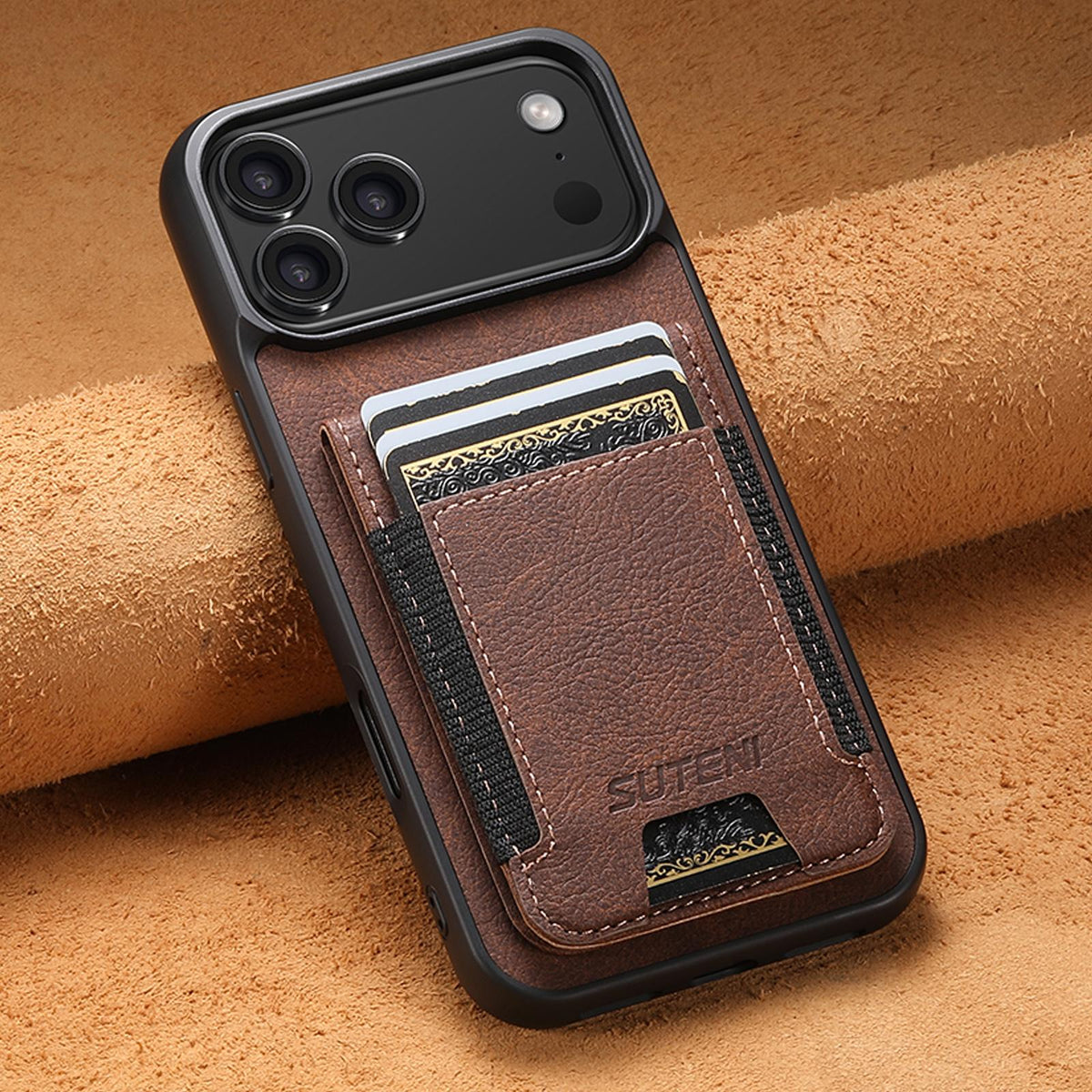 Compatible with iPhone 18 Pro Max Suteni H03 Litchi Leather Card Bag Stand Back Phone Case - Brown