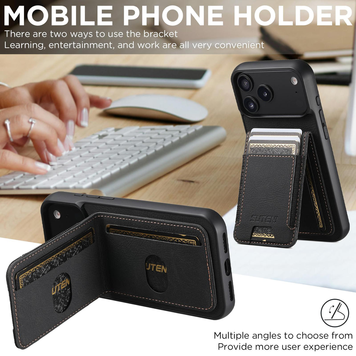 Compatible with iPhone 18 Pro Suteni H03 Litchi Leather Card Bag Stand Back Phone Case - Black