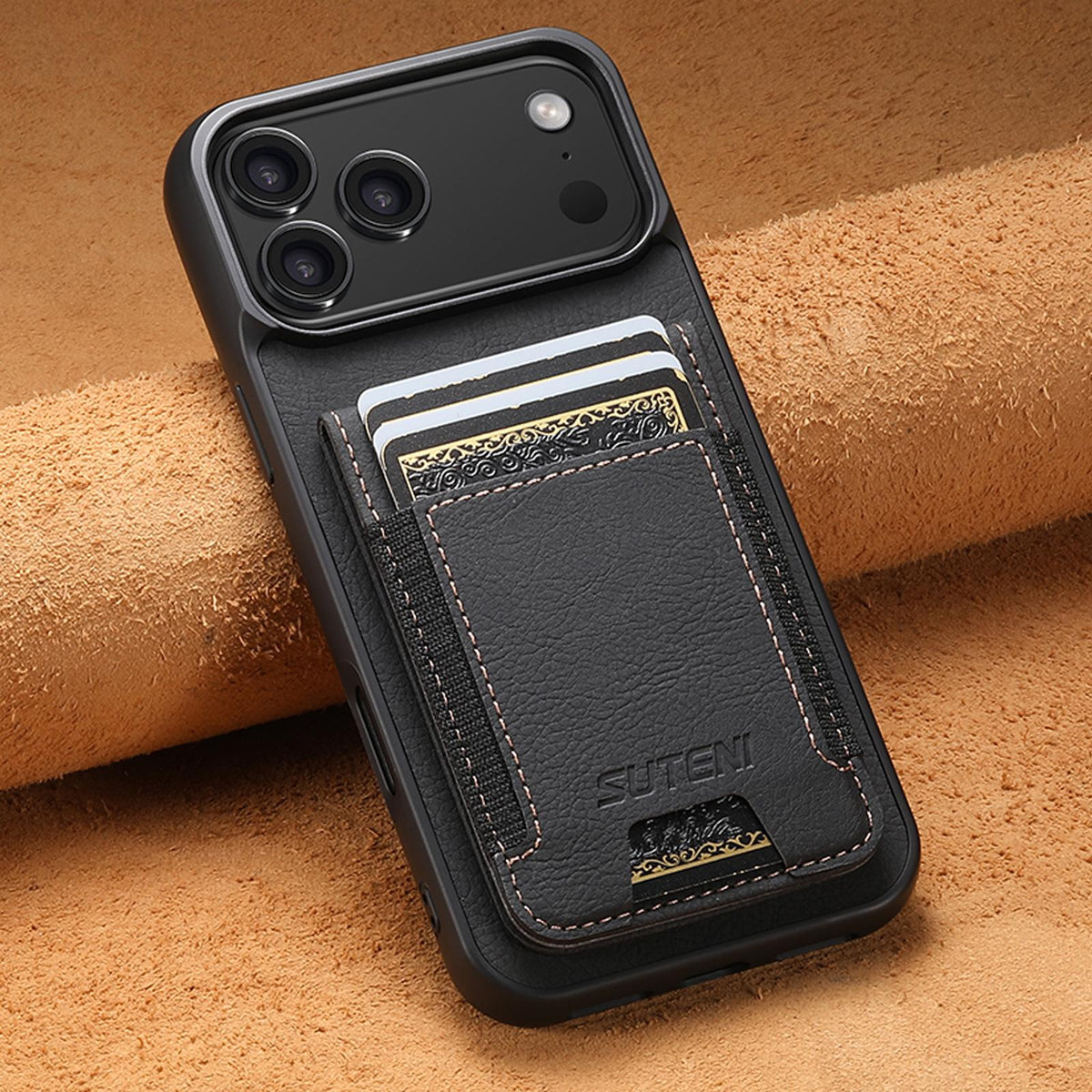 Compatible with iPhone 18 Pro Suteni H03 Litchi Leather Card Bag Stand Back Phone Case - Black