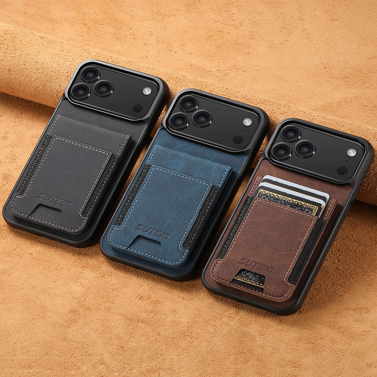Compatible with iPhone 18 Pro Suteni H03 Litchi Leather Card Bag Stand Back Phone Case - Black