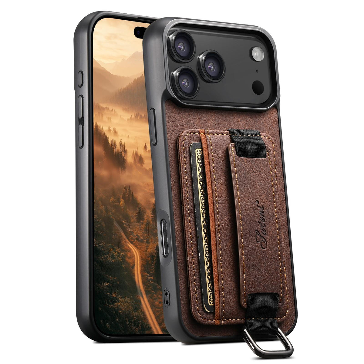 Compatible with iPhone 18 Pro Suteni H13 Litchi Leather Wrist Strap Wallet Back Phone Case - Brown