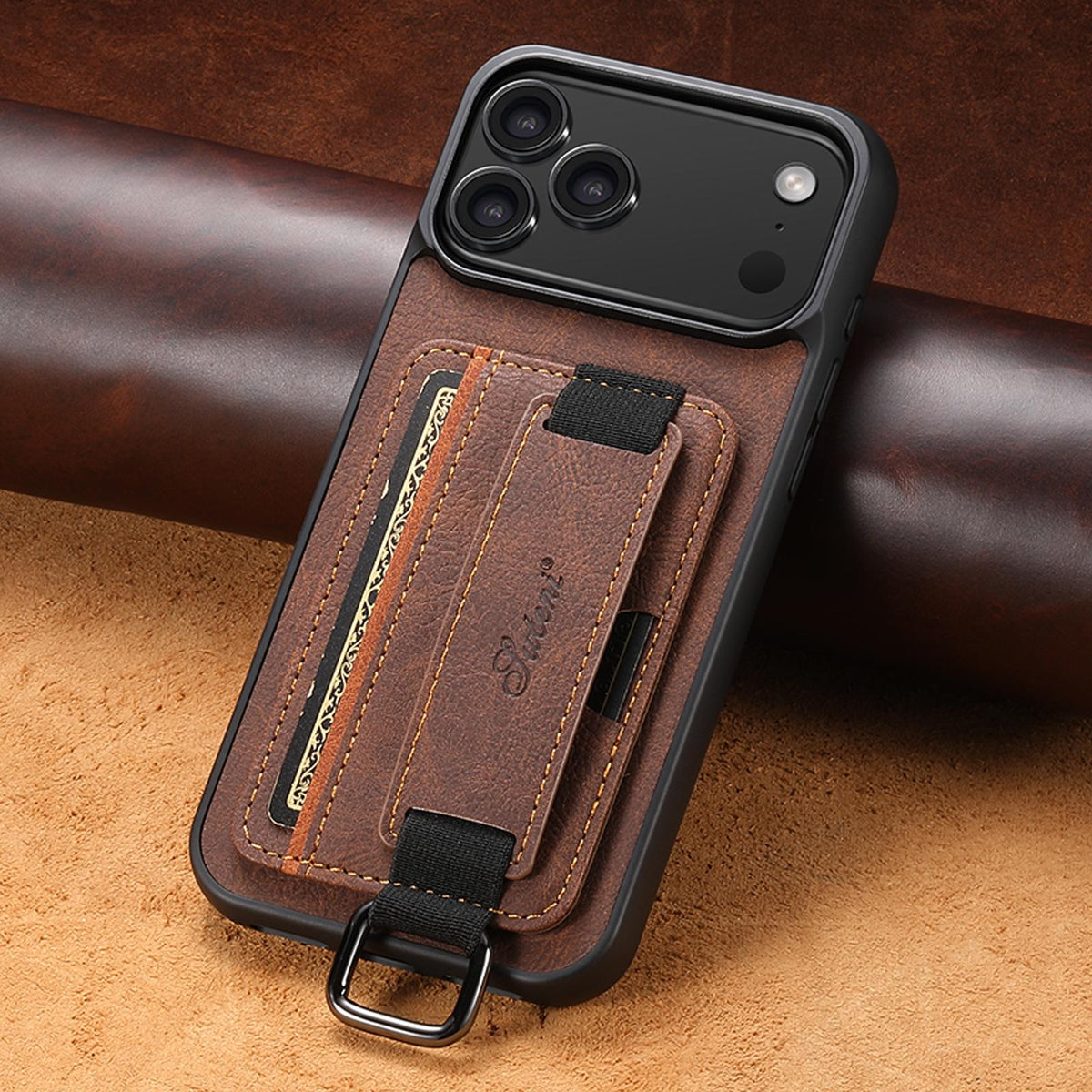 Compatible with iPhone 18 Pro Suteni H13 Litchi Leather Wrist Strap Wallet Back Phone Case - Brown