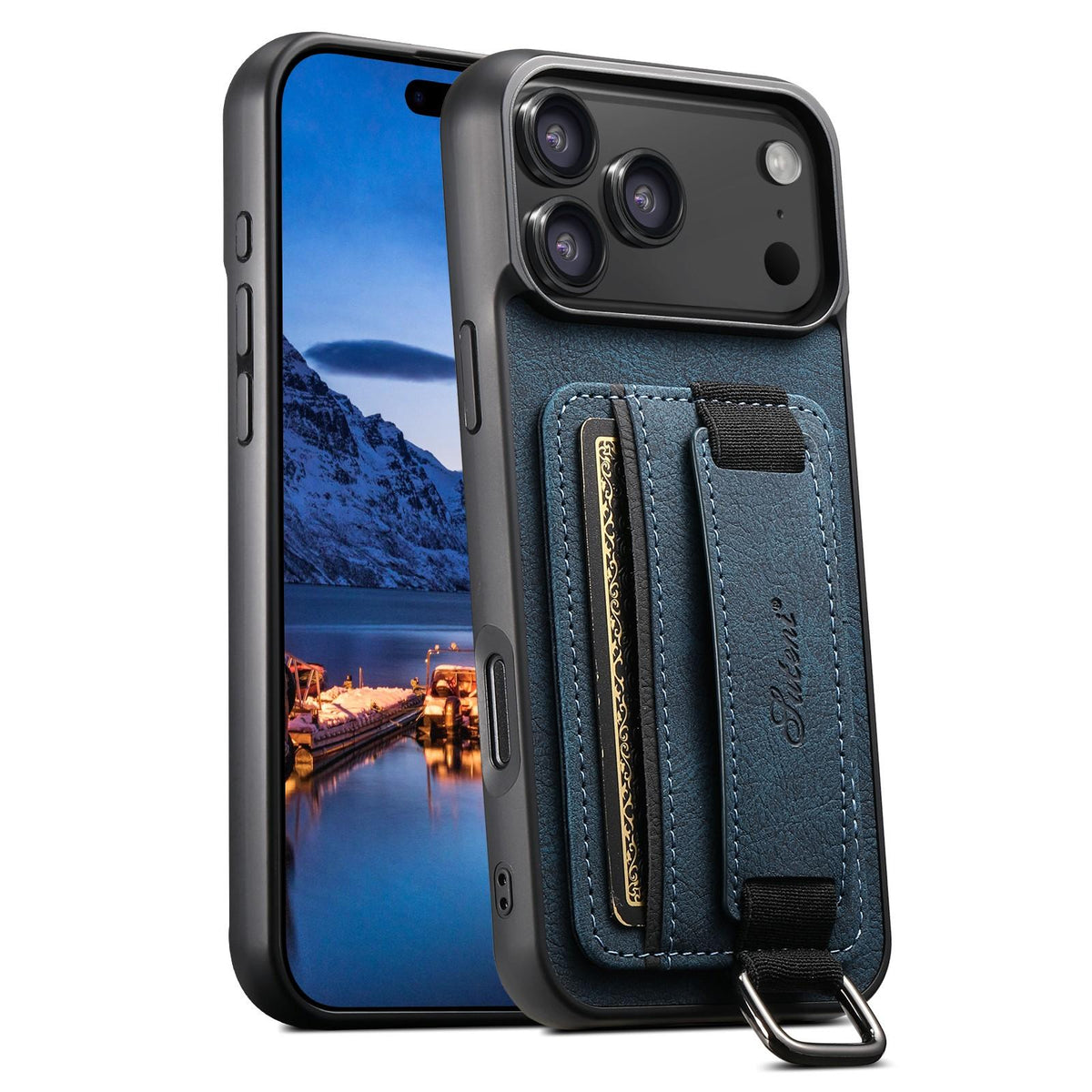 Compatible with iPhone 18 Pro Suteni H13 Litchi Leather Wrist Strap Wallet Back Phone Case - Blue