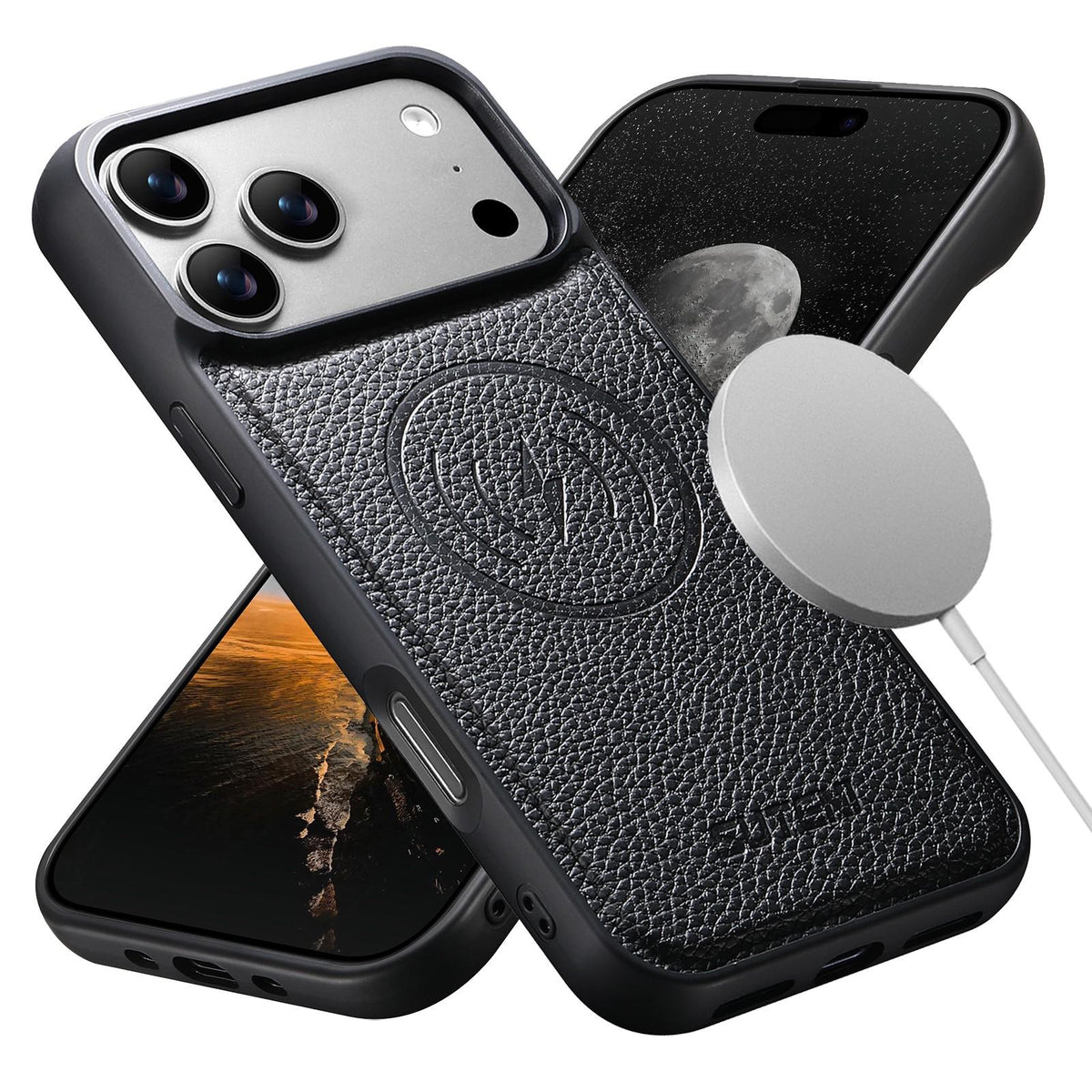 Compatible with iPhone 18 Pro Max Suteni G5 Large Litchi Texture Vegan Leather Magnetic Back Phone Case - Black