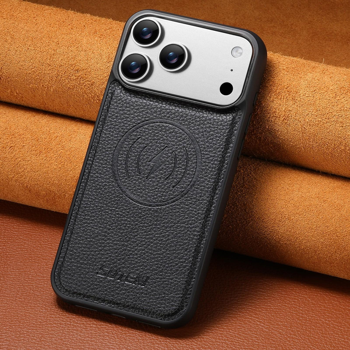 Compatible with iPhone 18 Pro Max Suteni G5 Large Litchi Texture Vegan Leather Magnetic Back Phone Case - Black