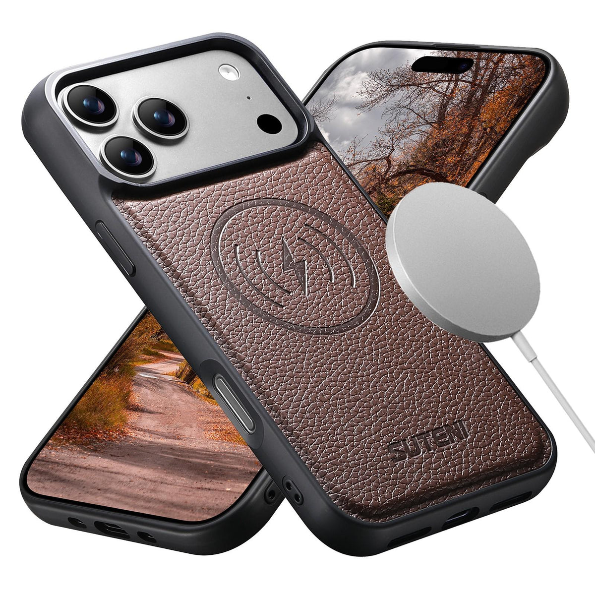 Compatible with iPhone 18 Pro Max Suteni G5 Large Litchi Texture Vegan Leather Magnetic Back Phone Case - Brown