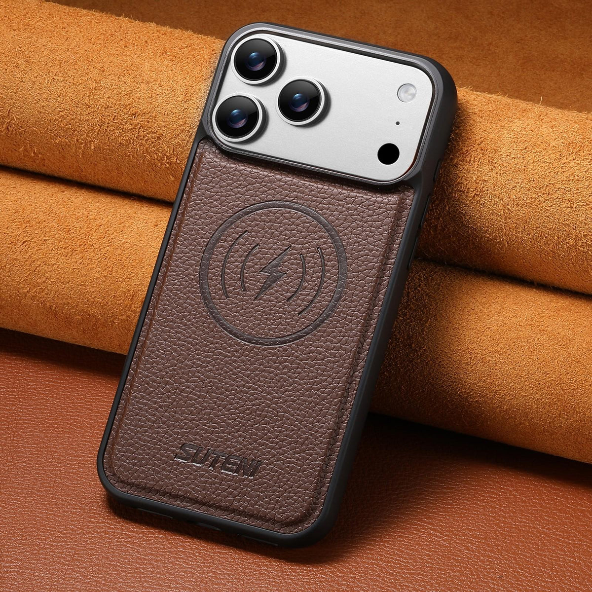 Compatible with iPhone 18 Pro Max Suteni G5 Large Litchi Texture Vegan Leather Magnetic Back Phone Case - Brown
