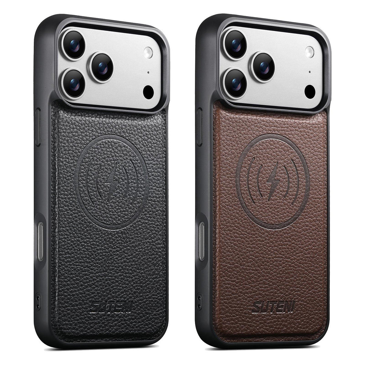 Compatible with iPhone 18 Pro Max Suteni G5 Large Litchi Texture Vegan Leather Magnetic Back Phone Case - Black