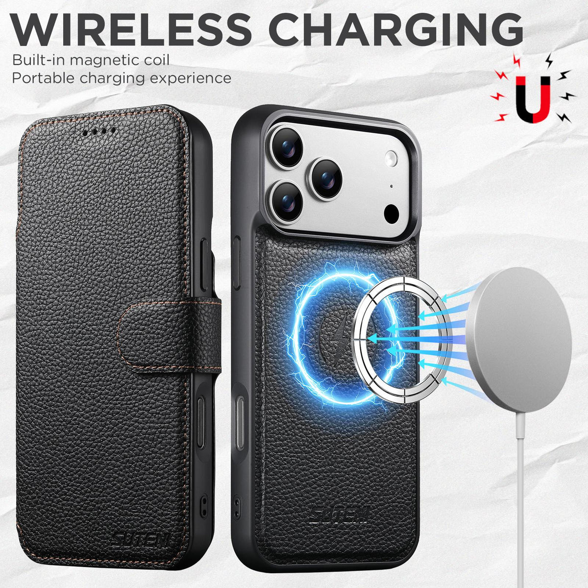 Compatible with iPhone 18 Pro Max Suteni Q05 -in-1 Multi-function MagSafe Wallet Big Litchi Leather Phone Case - Black