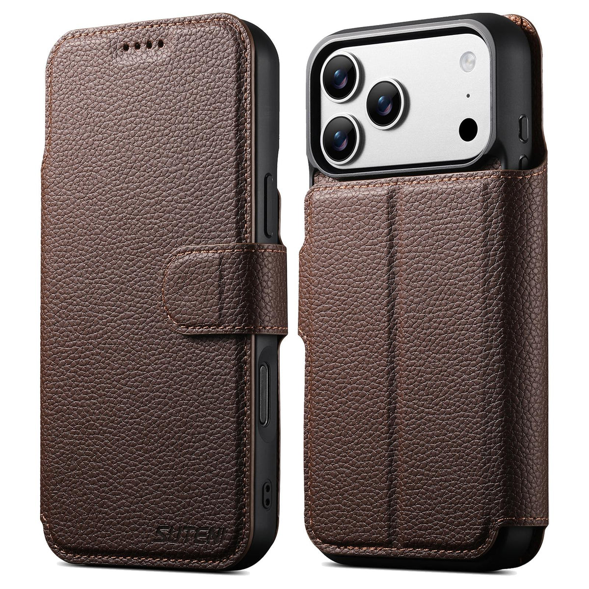 Compatible with iPhone 18 Pro Max Suteni Q05 -in-1 Multi-function MagSafe Wallet Big Litchi Leather Phone Case - Brown