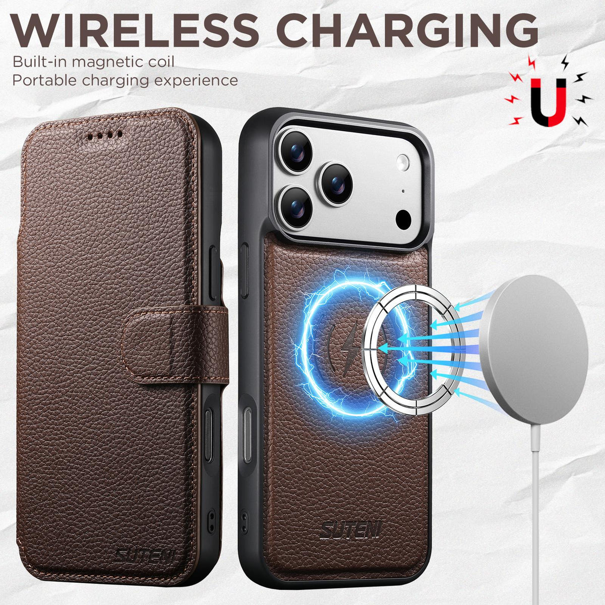 Compatible with iPhone 18 Pro Max Suteni Q05 -in-1 Multi-function MagSafe Wallet Big Litchi Leather Phone Case - Brown