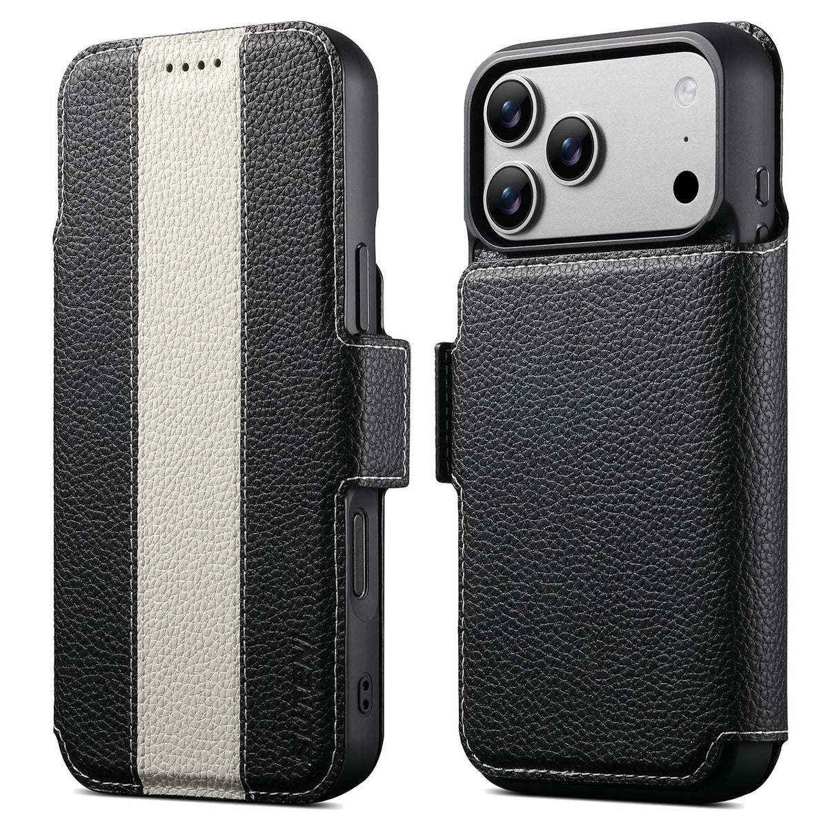 Compatible with iPhone 18 Pro Max Suteni Q08 2-in-1 Multi-function Magnetic Wallet Big Litchi Vegan Leather Phone Case - White