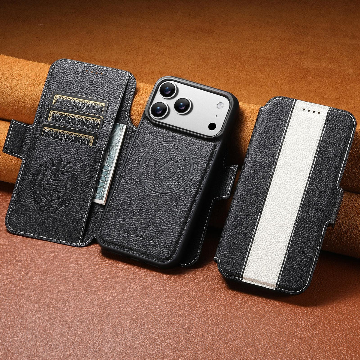Compatible with iPhone 18 Pro Max Suteni Q08 2-in-1 Multi-function Magnetic Wallet Big Litchi Vegan Leather Phone Case - White