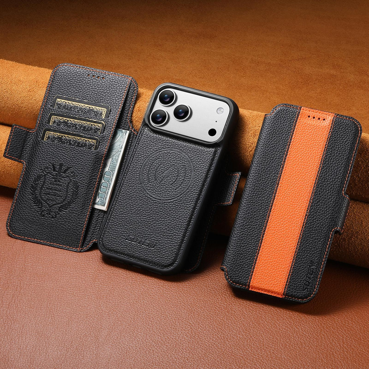 Compatible with iPhone 18 Pro Max Suteni Q08 2-in-1 Multi-function Magnetic Wallet Big Litchi Vegan Leather Phone Case - Orange