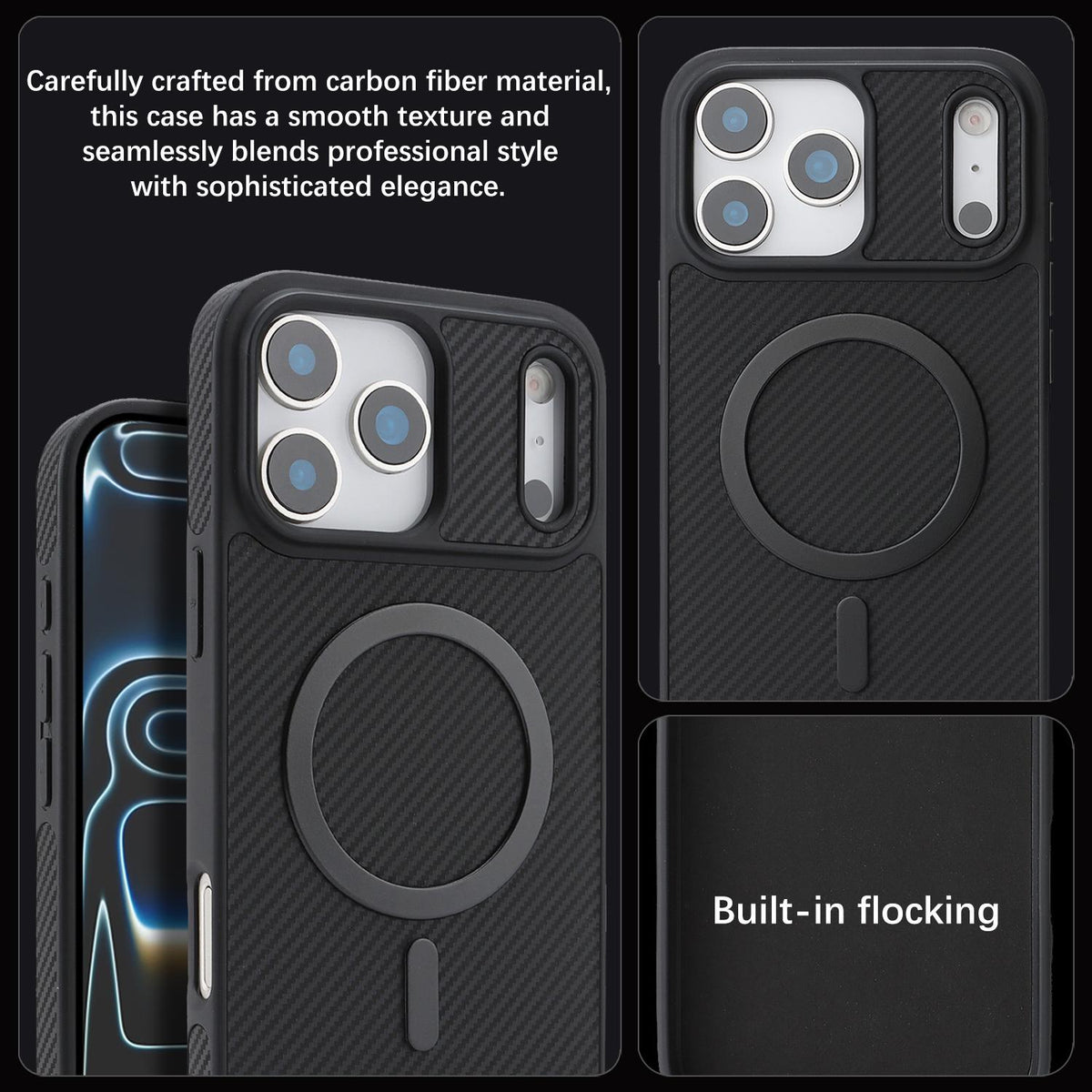 Compatible with iPhone 18 Pro Max Carbon Fiber MagSafe Phone Case - Black