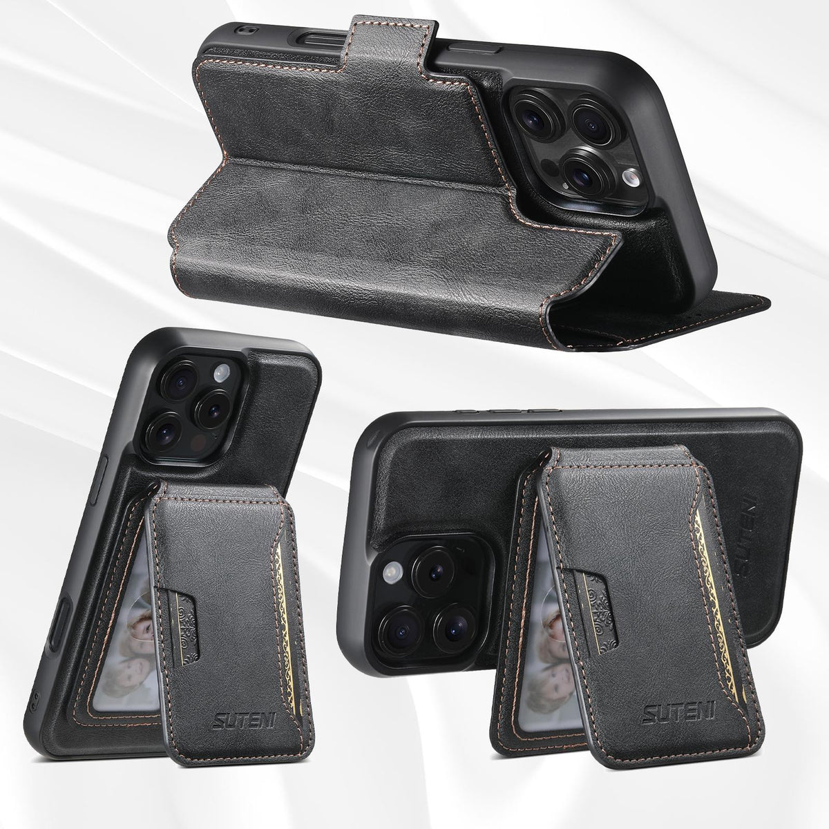Compatible with iPhone 18 Pro Max Suteni Q07S3 Left-Right Splicing Cowhide Pattern Flip Side Card Wallet Removable Magnetic Phone Case - Black