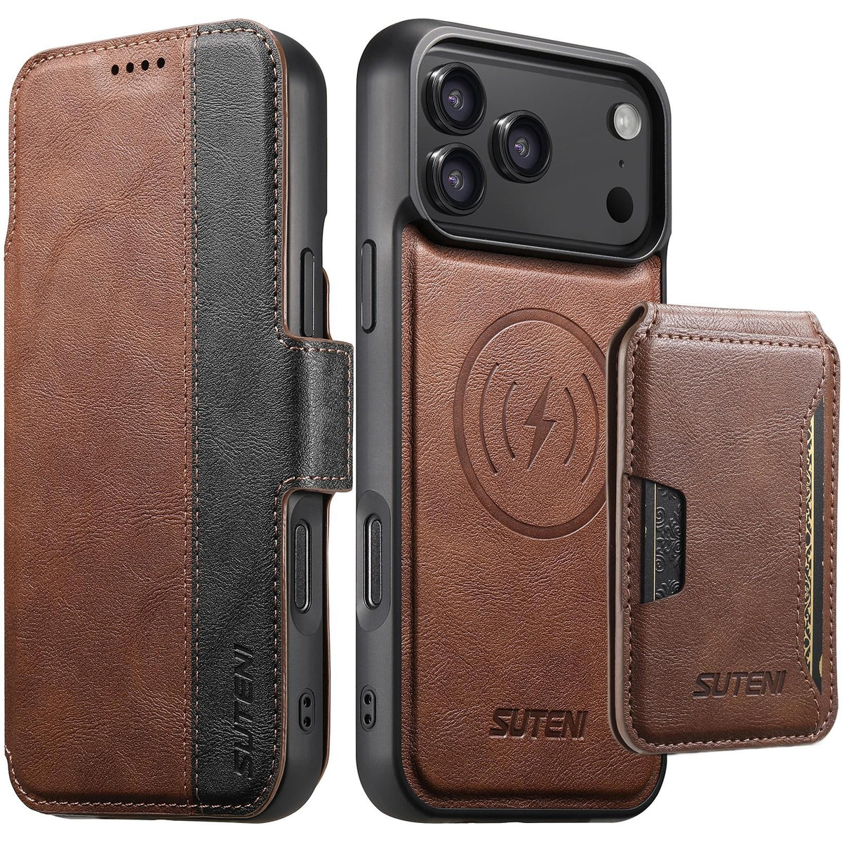 Compatible with iPhone 18 Pro Max Suteni Q07S3 Left-Right Splicing Cowhide Pattern Flip Side Card Wallet Removable Magnetic Phone Case - Brown