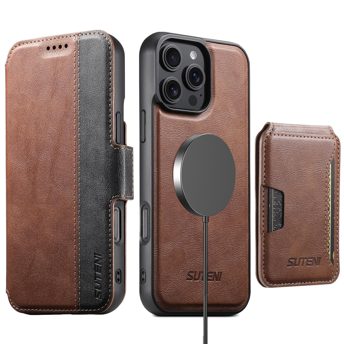 Compatible with iPhone 18 Pro Max Suteni Q07S3 Left-Right Splicing Cowhide Pattern Flip Side Card Wallet Removable Magnetic Phone Case - Brown