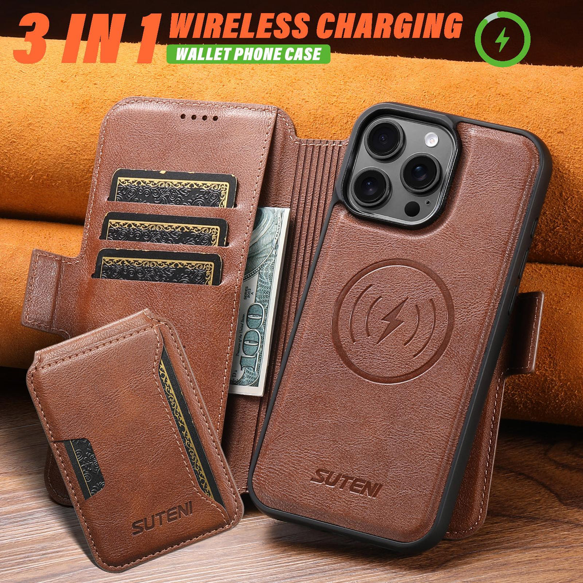 Compatible with iPhone 18 Pro Max Suteni Q07S3 Left-Right Splicing Cowhide Pattern Flip Side Card Wallet Removable Magnetic Phone Case - Brown