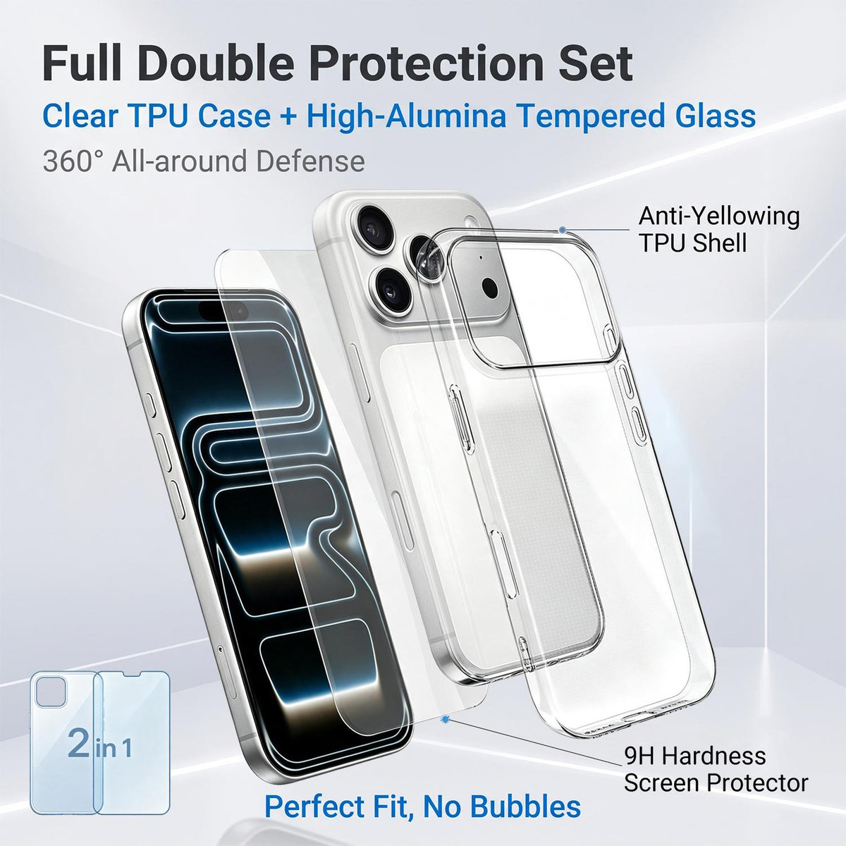 2 in 1 Set Clear TPU Phone Case with High Alumina Tempered Glass Film Compatible with iPhone 18 Pro Max