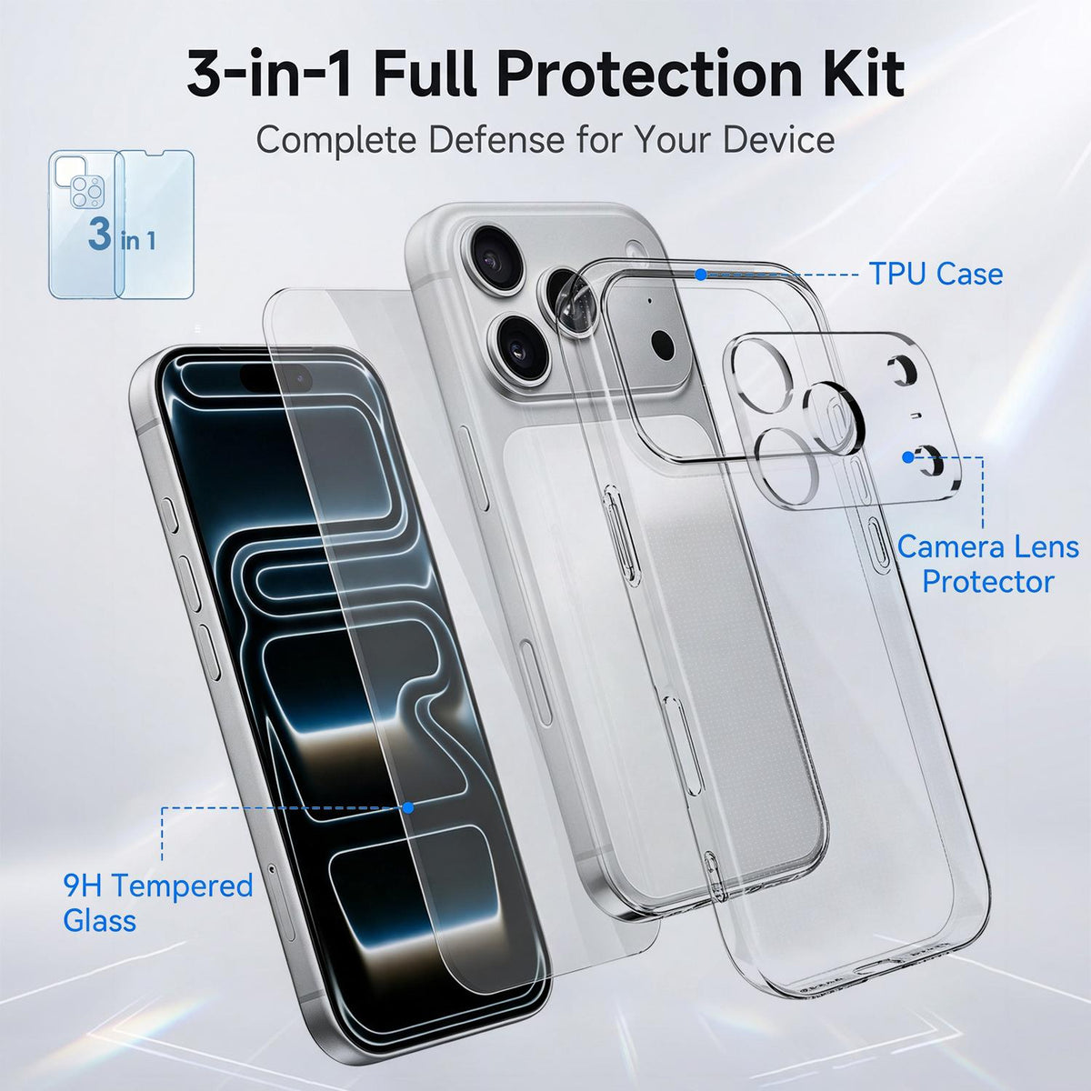 3 in 1 Set Clear TPU Phone Case with High Alumina Tempered Glass Film + Lens Protector Compatible with iPhone 18 Pro Max