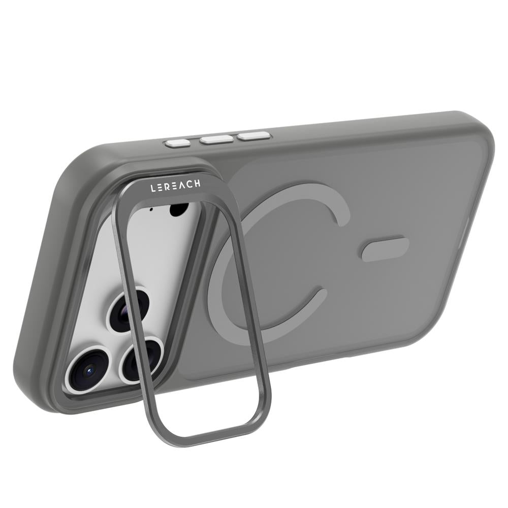 Compatible with iPhone 18 Pro Max LeReach Le-Luster Series Metal Lens Kickstand Magnetic Phone Case - Grey