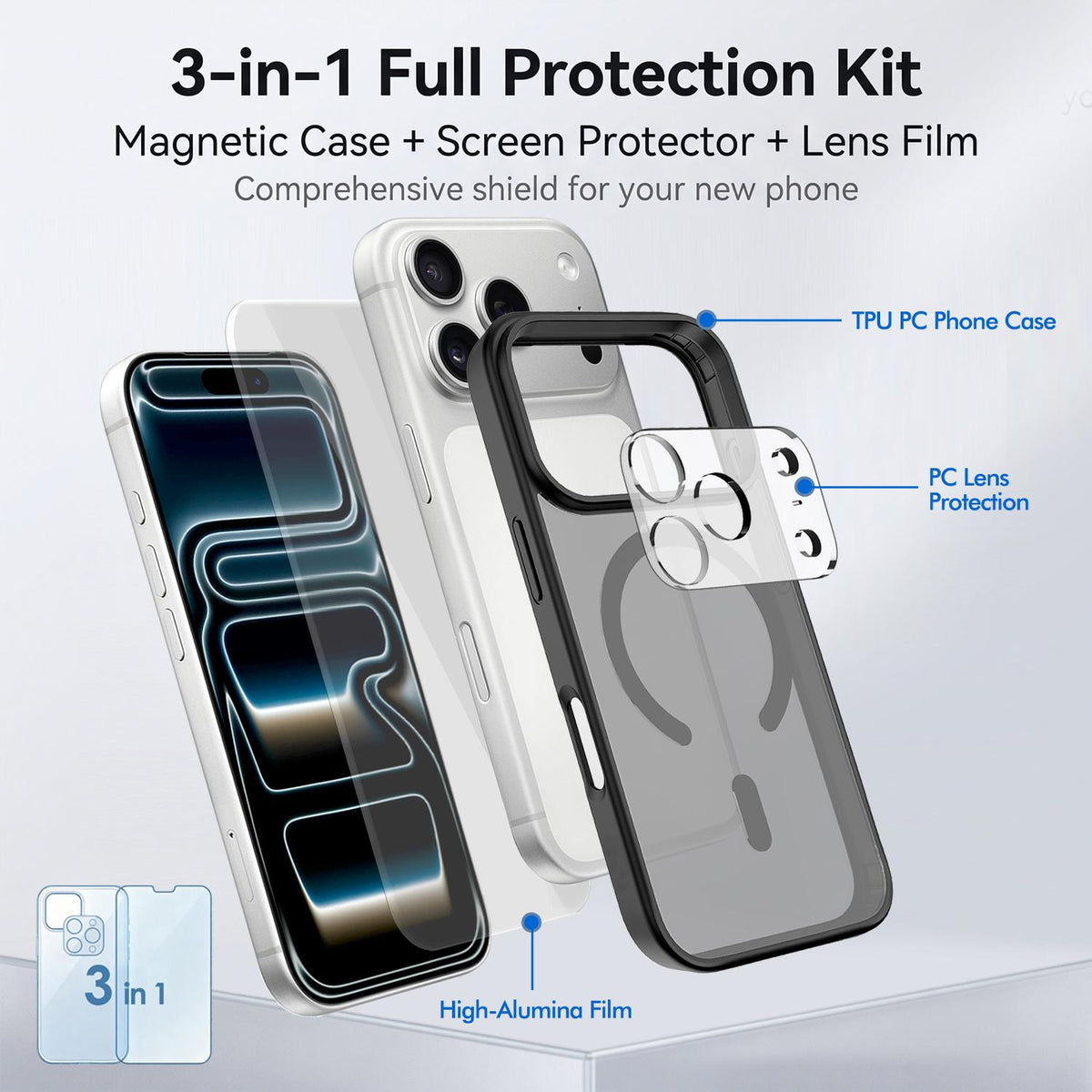 3 in 1 Set Magnetic Phone Case with Screen Film + Lens Protector Compatible with iPhone 18 Pro Max - Black